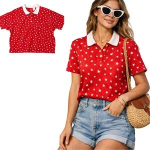 Liz‎ & Co. Vintage Red Star Print Polo Shirt White Collar Size M